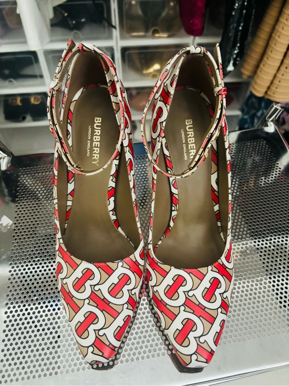 Burberry Red and White Logo Print Ankle-Strap Pumps